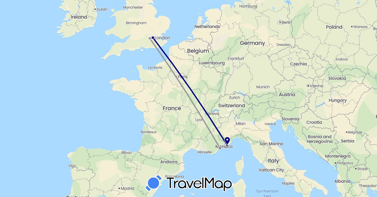 TravelMap itinerary: driving, plane in France, United Kingdom, Italy (Europe)