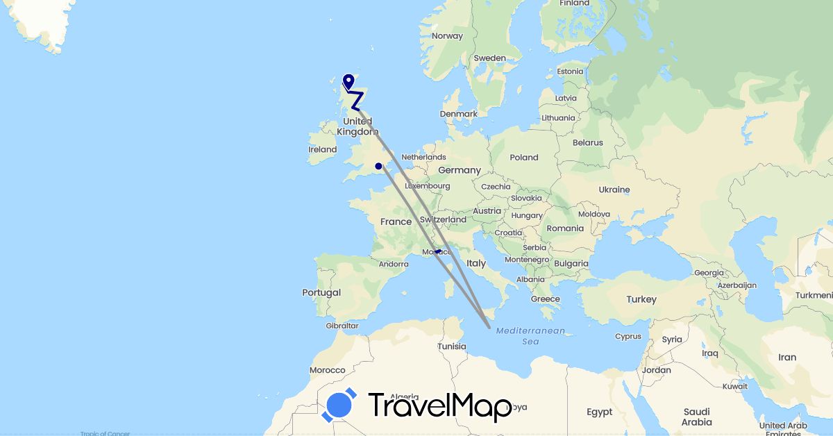 TravelMap itinerary: driving, plane in France, United Kingdom, Italy, Malta (Europe)